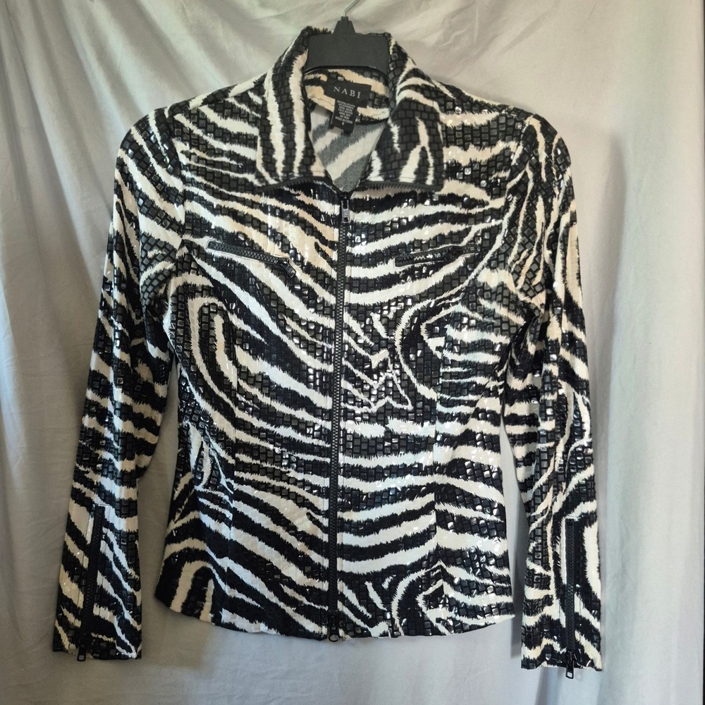 Nabi Zebra Print Studded Zip Up Jacket Womens Black White Animal Moto Coat Small